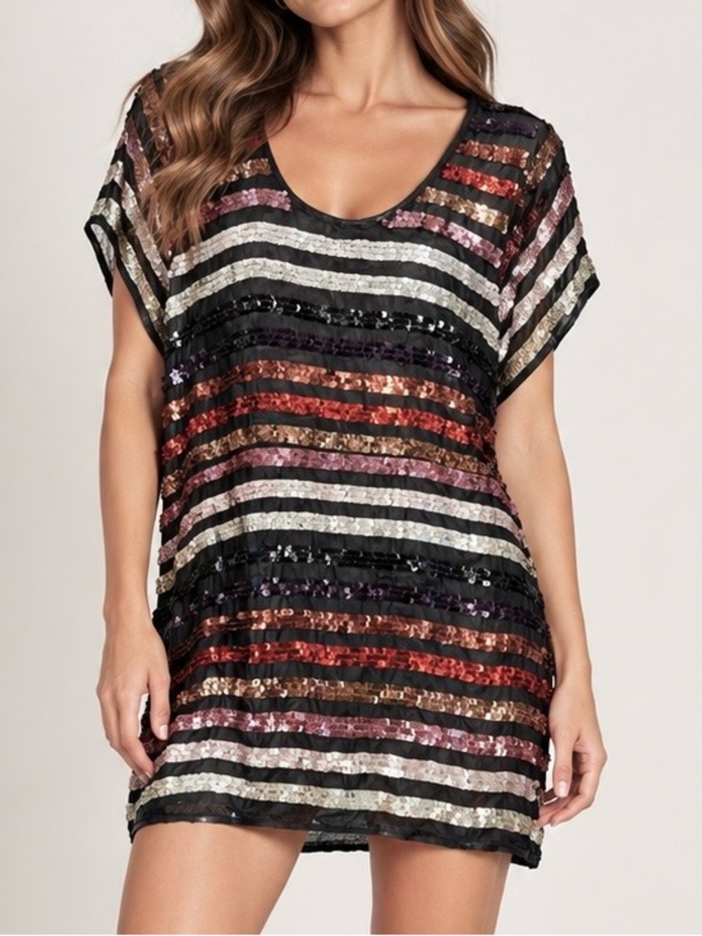 French Connection Sequin Stripe Tunic Mini Dress Black Copper Pink Size 6